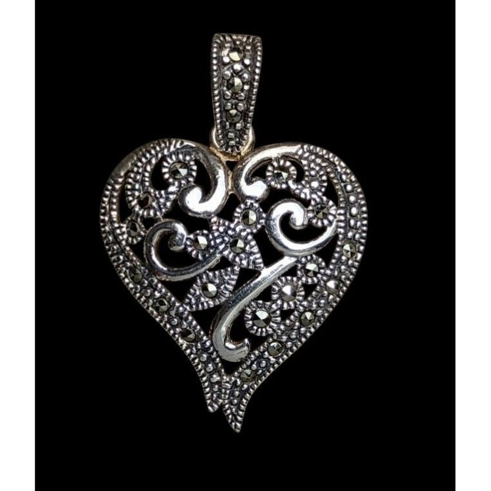 Vintage Sterling Silver Marcasite Art Nouveau style Openwork Heart Pendant